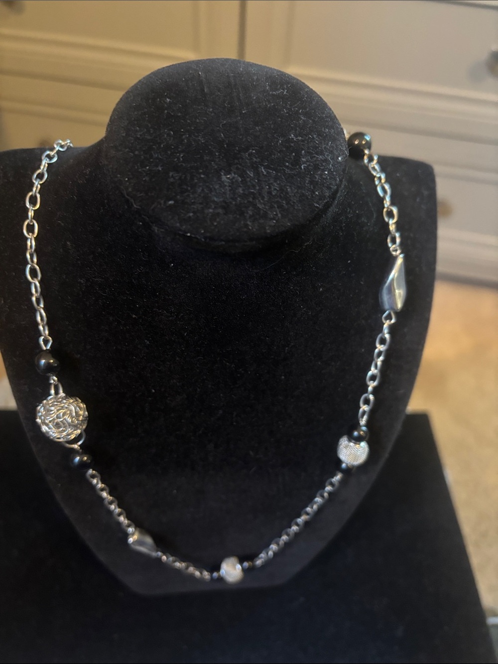 Black and Silver Beaded Chain Necklace - Textured Accent Beads